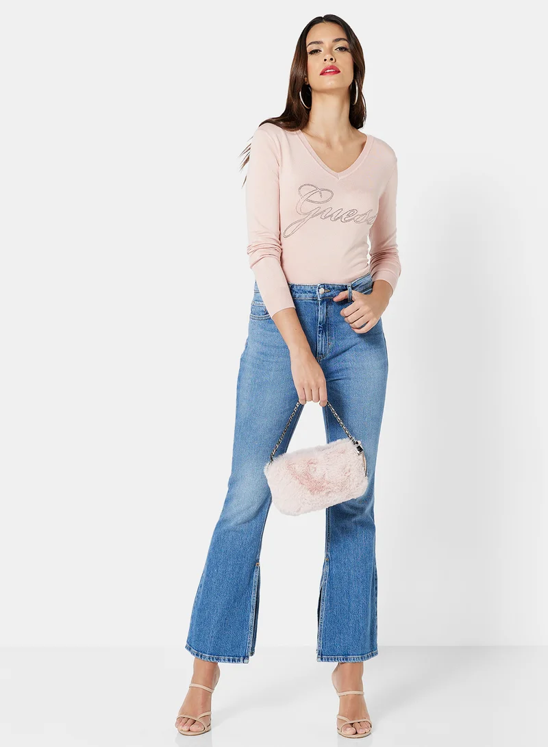 GUESS Rhinestone Logo Sweater Pink