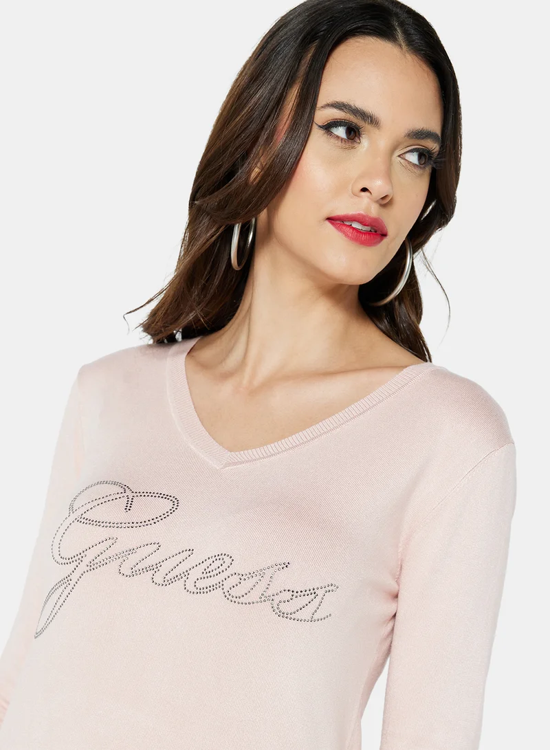 GUESS Rhinestone Logo Sweater Pink