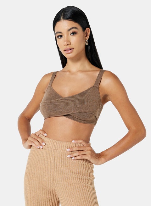 Knitted Crossover Design Ribbon Cross-Body Top Camel