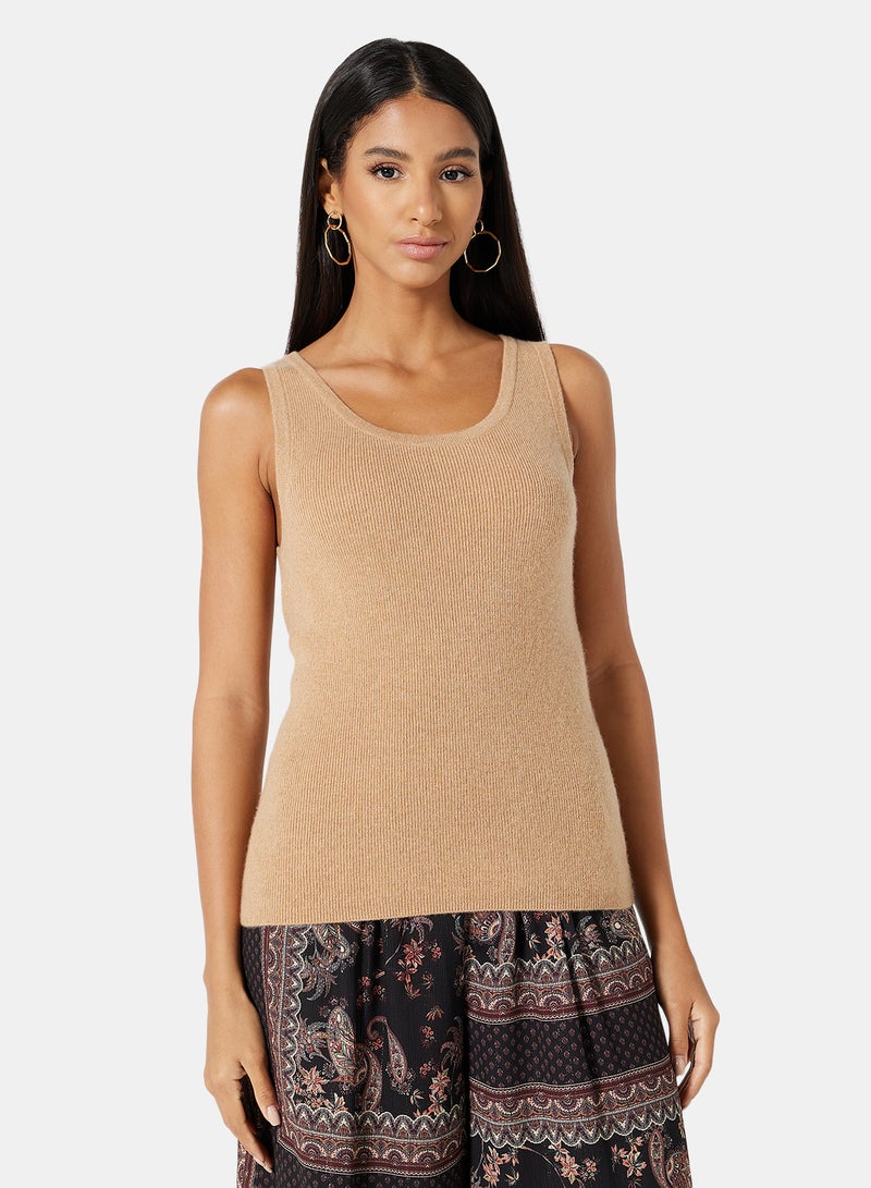 MANGO - Cable Knit Design Scoop Neck Sleeveless Vest Camel - Image 1