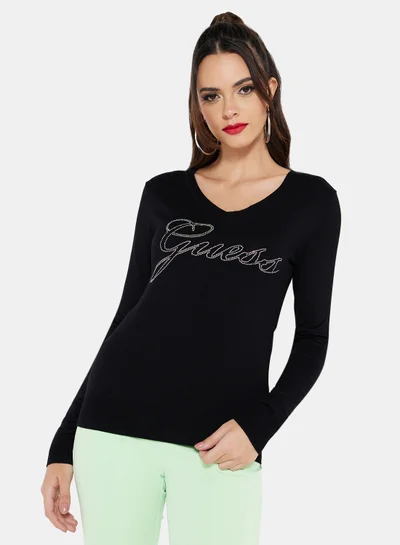 GUESS Rhinestone Logo Sweater Black