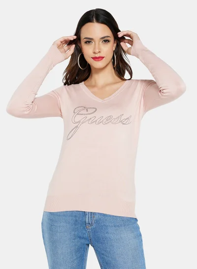 GUESS Rhinestone Logo Sweater Pink