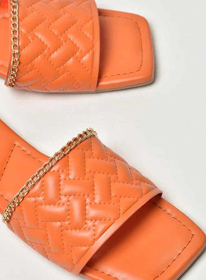 Jove Quilted Pattern Broad Strap Flat Sandals Orange