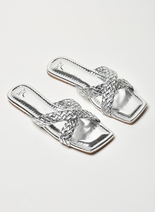 Braided Criss-Cross Strap Square Toe Flat Sandals Silver - v1657889611/N48024770V_1