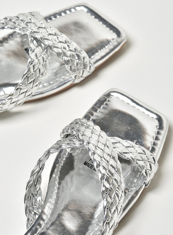 Braided Criss-Cross Strap Square Toe Flat Sandals Silver - v1657889612/N48024770V_4