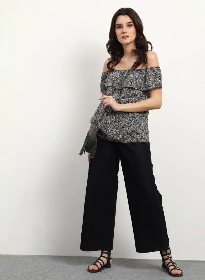 DRIP Off Shoulder Printed Top Black/White  - Image 1