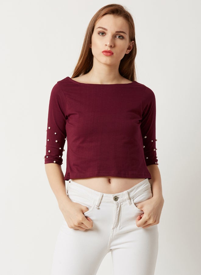 Miss Chase Revelry Rebel Pearl Detail Sleeve Crop Top Maroon/Red  - Image 1