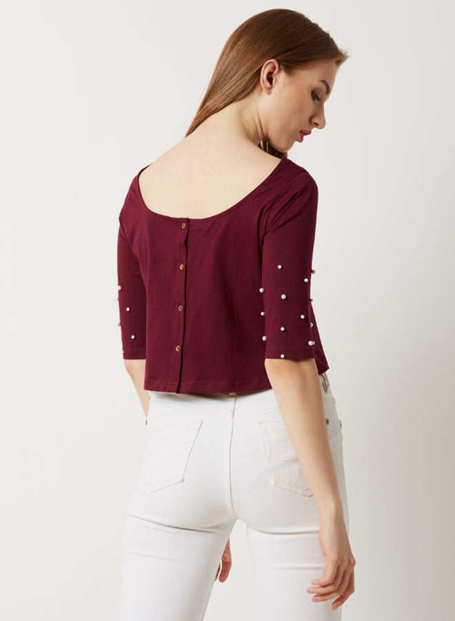 Miss Chase Revelry Rebel Pearl Detail Sleeve Crop Top Maroon/Red  - Image 2