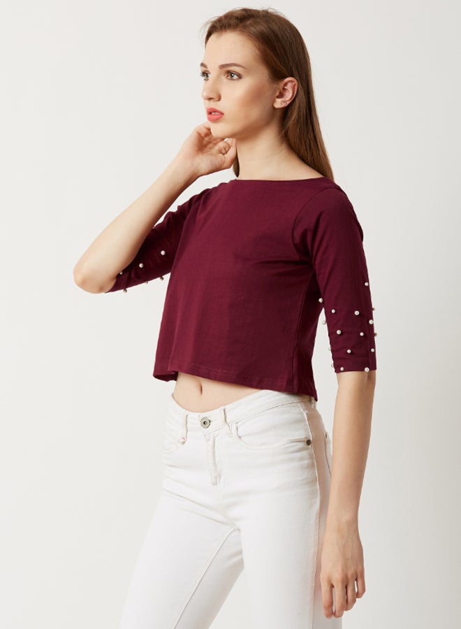 Miss Chase Revelry Rebel Pearl Detail Sleeve Crop Top Maroon/Red  - Image 3