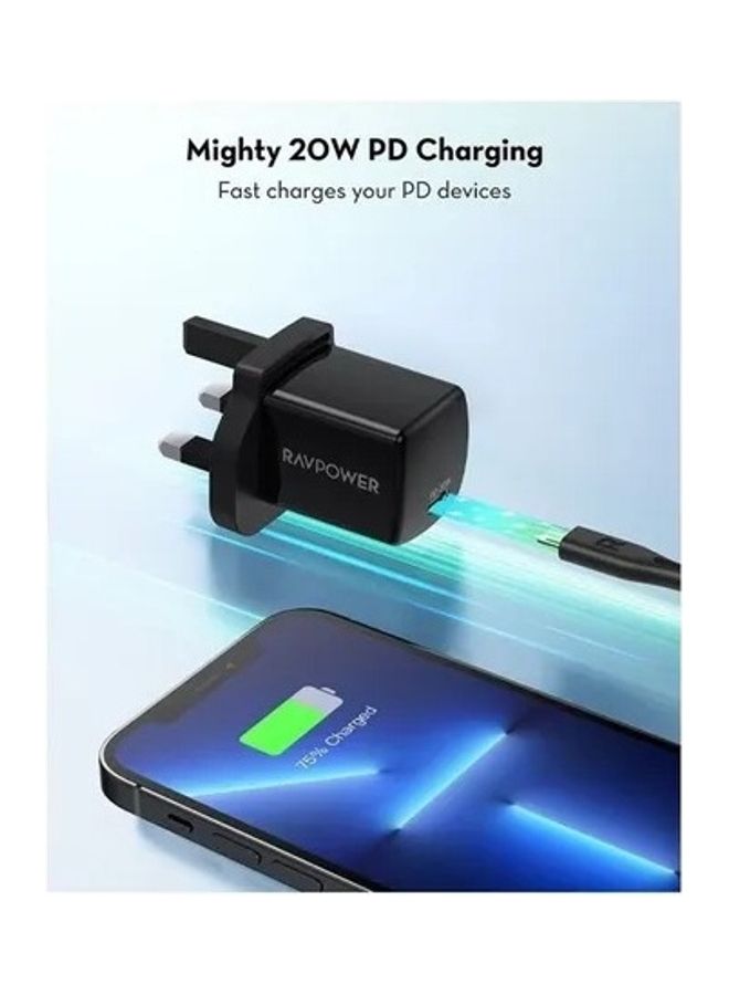 RAVPOWER 20W PD 2-Port Wall Charger Black  - Image 2