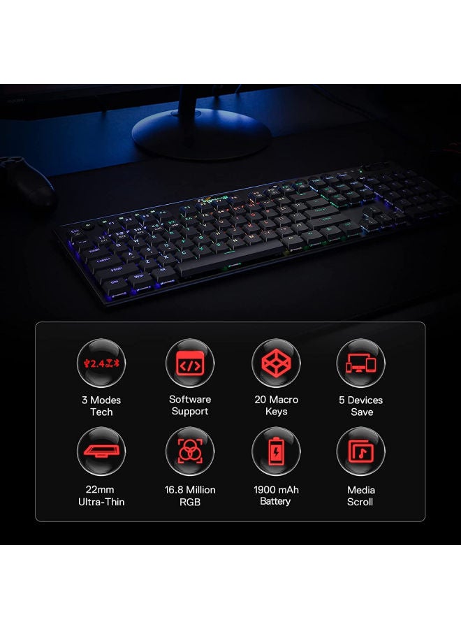 ريدراجون - لوحة مفاتيح حورس ميكانيكية لاسلكية طراز K618 من ريدراجون بإضاءة RGB، بثلاثة أوضاع اتصال بلوتوث/ بتردد 2.4 جيجاهرتز/ وسلكية رقيقة للغاية بتصميم بسيط للألعاب باتصال لاسلكي بدون تأخير وبأزرار تحكم مخصصة للوسائط ومفاتيح خطية من النوع الأحمر - Image 1