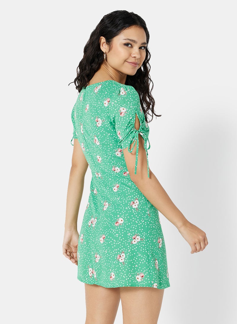 FOREVER 21 - Floral Print V Neck Mini Dress Green - Image 1