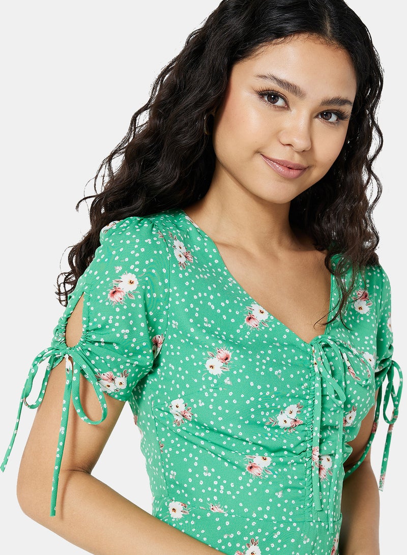 FOREVER 21 - Floral Print V Neck Mini Dress Green - Image 1