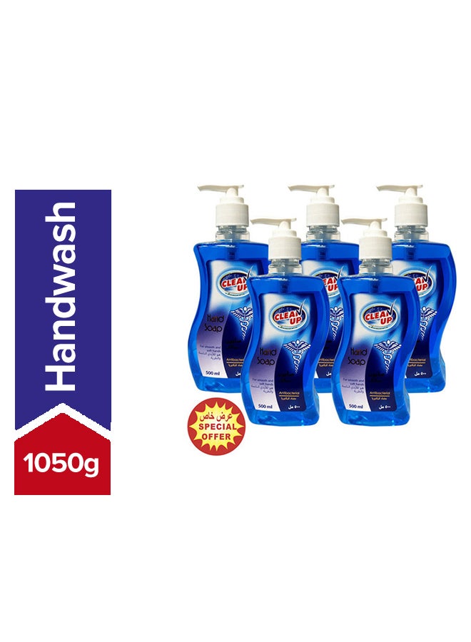 CLEAN UP Pack Of 5 Antibacterial Hand Soap Blue 500x5ml - Image 1