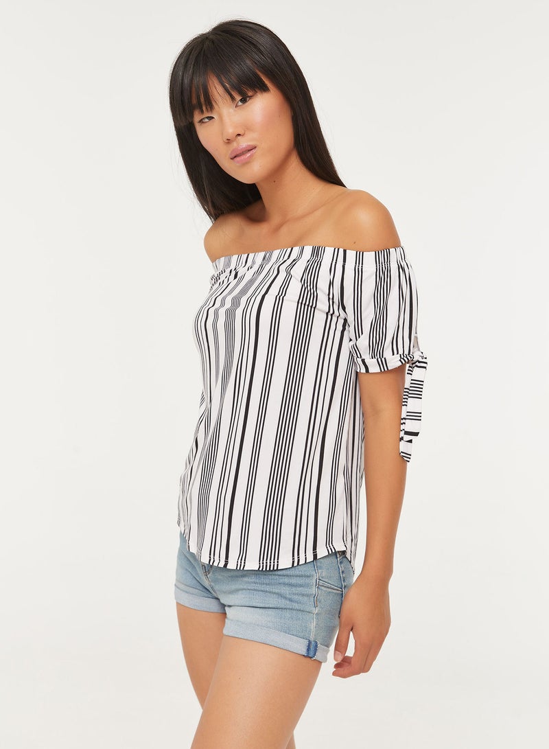 Ardene Off The Shoulder Tie Sleeves Top White/Black  - Image 1