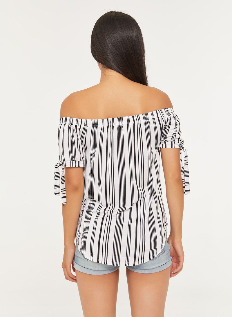 Ardene Off The Shoulder Tie Sleeves Top White/Black  - Image 2