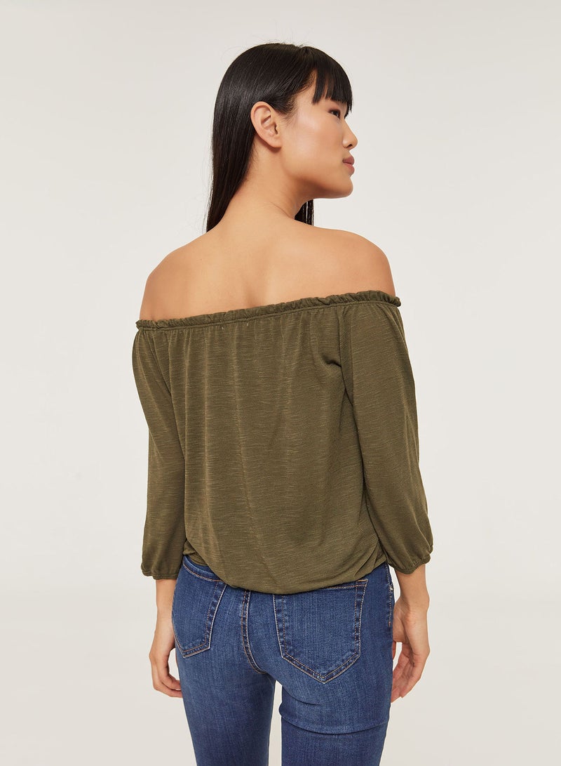 Ardene Off Shoulder Top With Centre Crochet Panel Olive  - Image 2