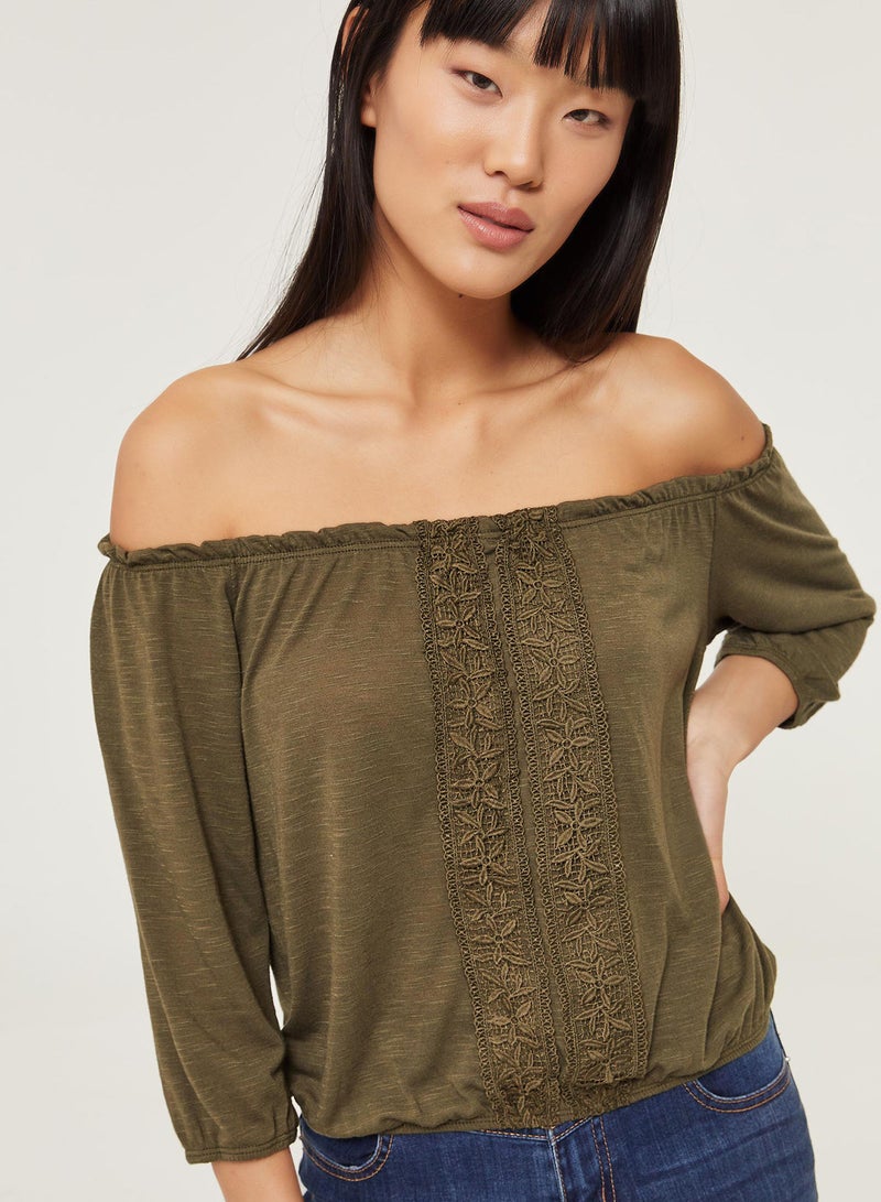 Ardene Off Shoulder Top With Centre Crochet Panel Olive  - Image 1