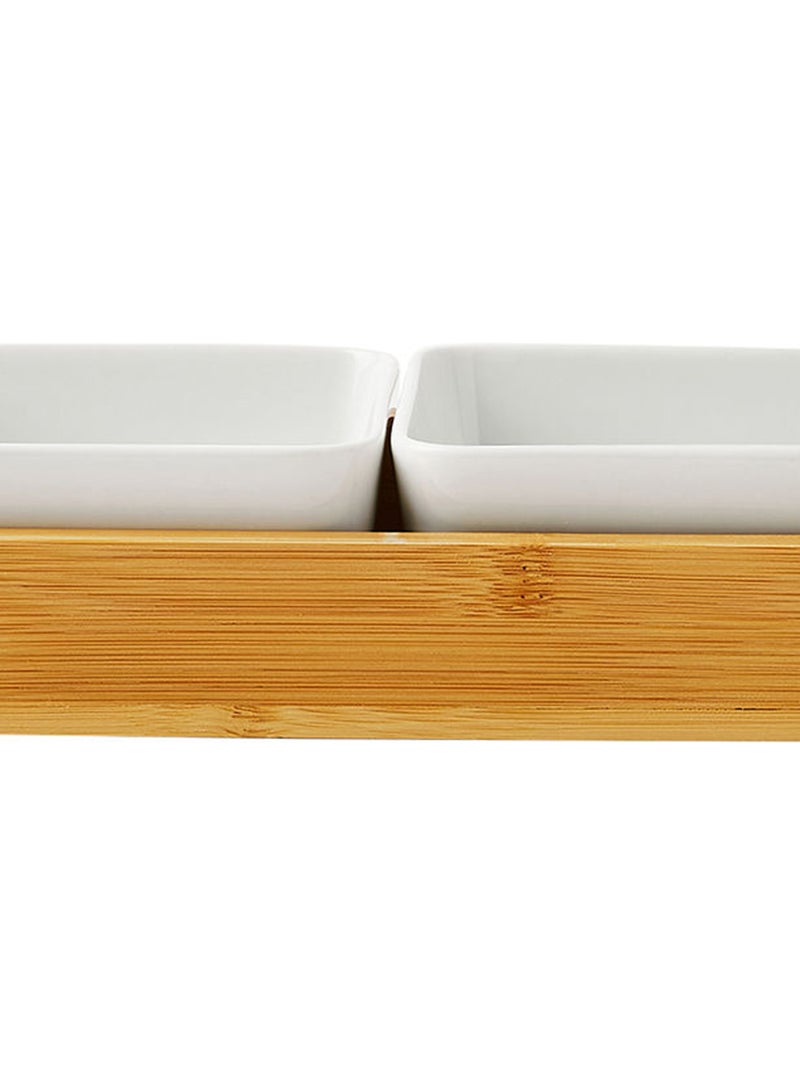 Noon East Serving Set - Made Of Bamboo & Ceramic - Serving Plate - Serving Dishes - Tray - Bowls, Tray Brown/White 20.6x47.2x29.1cm  - Image 5
