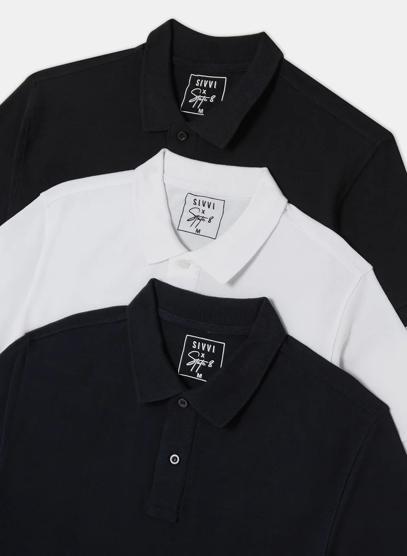 ستايت 8 3 pack Solid Polo shirt with Short Sleeves Black/White/Navy Multi