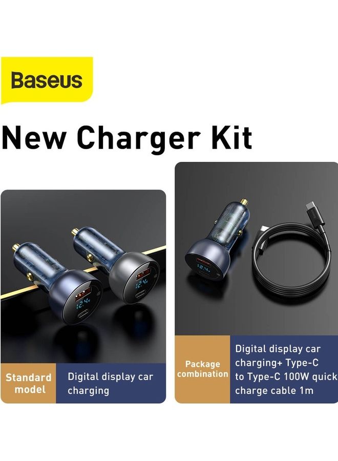 Baseus - Dual USB A + C Car Charger 65W 5A SCP Quick Charge 4.0+ Power Delivery 3.0 LCD Display with 1m Type-C Cable Black - Image 1