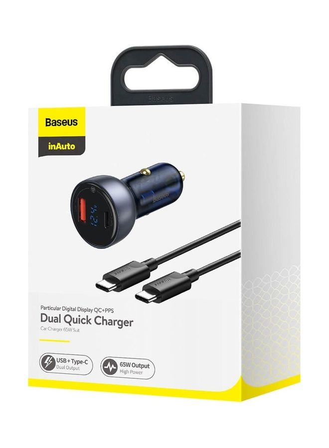 Baseus - Dual USB A + C Car Charger 65W 5A SCP Quick Charge 4.0+ Power Delivery 3.0 LCD Display with 1m Type-C Cable Black - Image 1