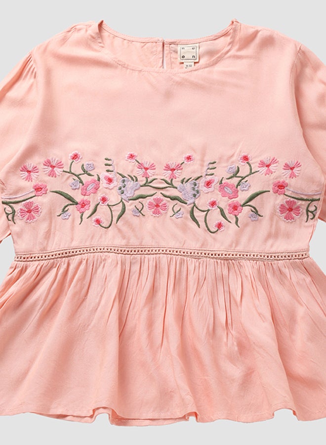 NEON - Round Neck Printed Blouse Top Peach - Image 1