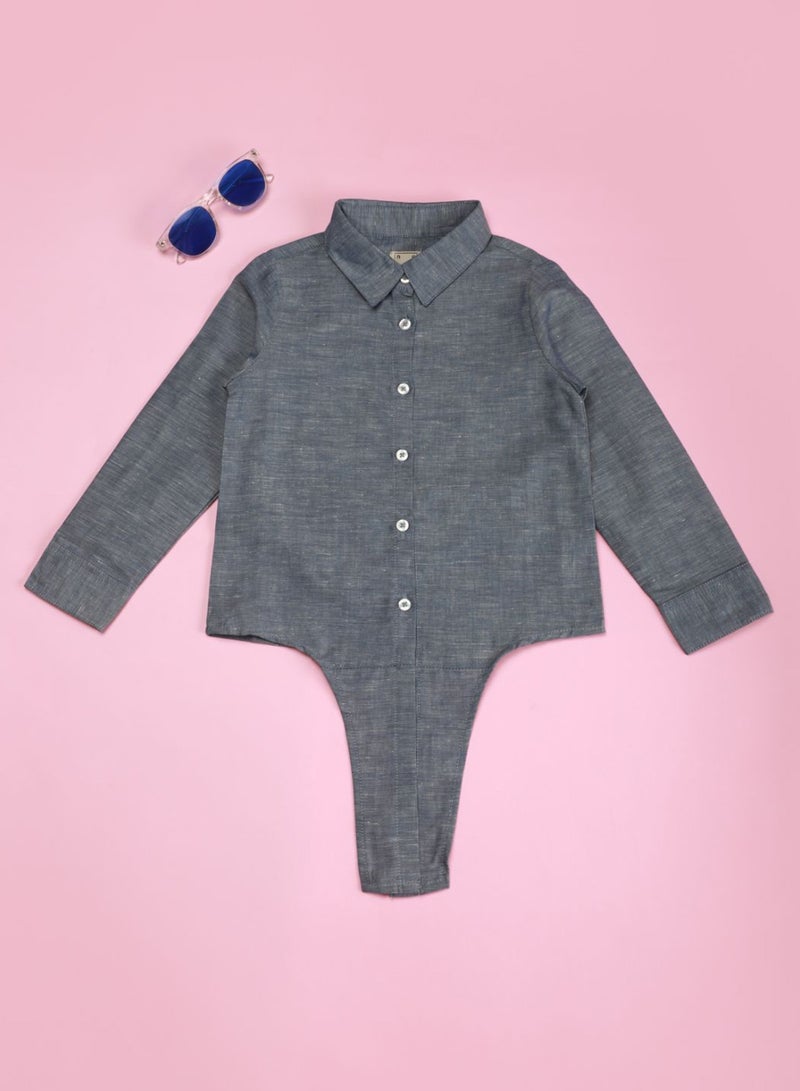 Neon Girls Collared Neck Long Sleeve Blouse Grey  - Image 1