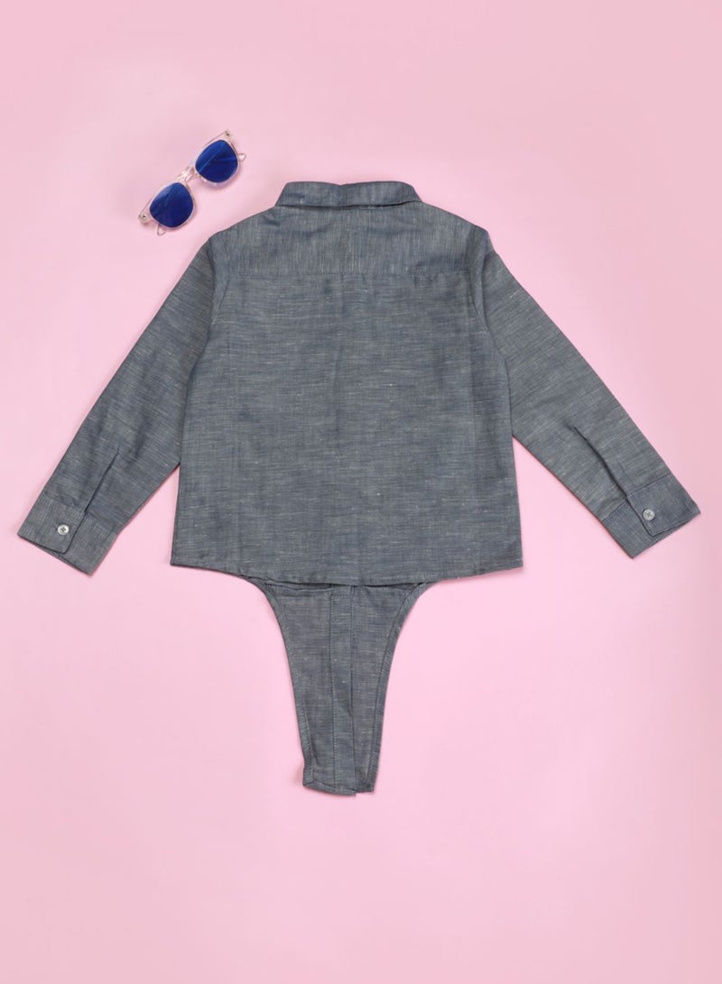Neon Girls Collared Neck Long Sleeve Blouse Grey  - Image 2