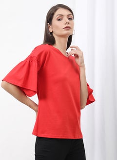 OFFROAD Frill Ruffle Sleeve Plain Basic Top Red  - Image 1