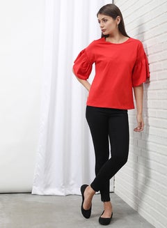 OFFROAD Frill Ruffle Sleeve Plain Basic Top Red  - Image 4