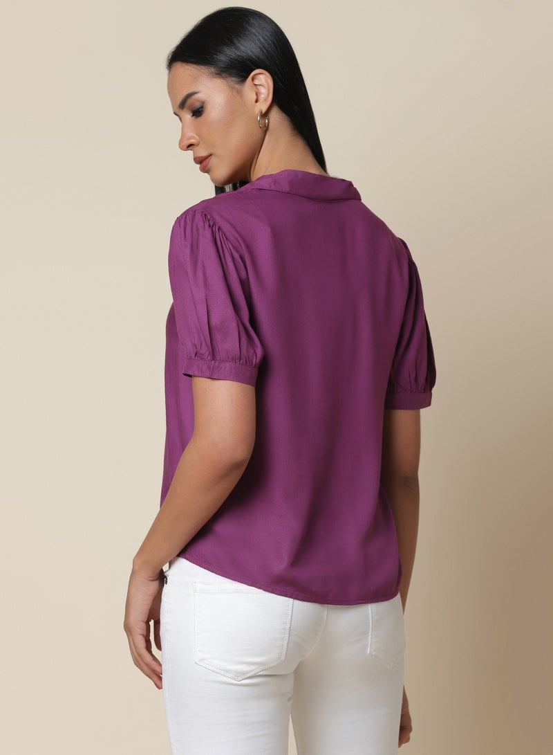 Aila Button Down Plain Top deep magenta  - Image 2