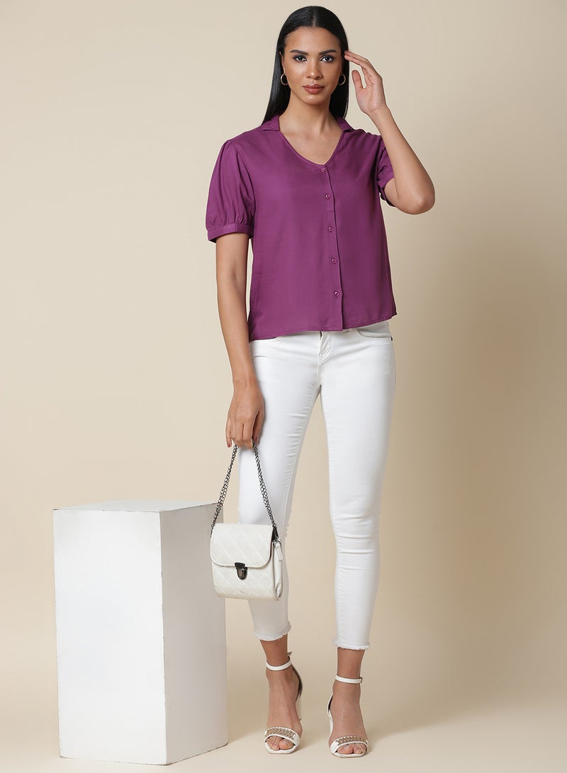 Aila Button Down Plain Top deep magenta  - Image 3