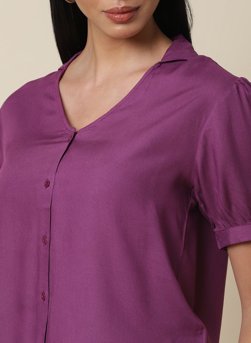 Aila Button Down Plain Top deep magenta  - Image 4