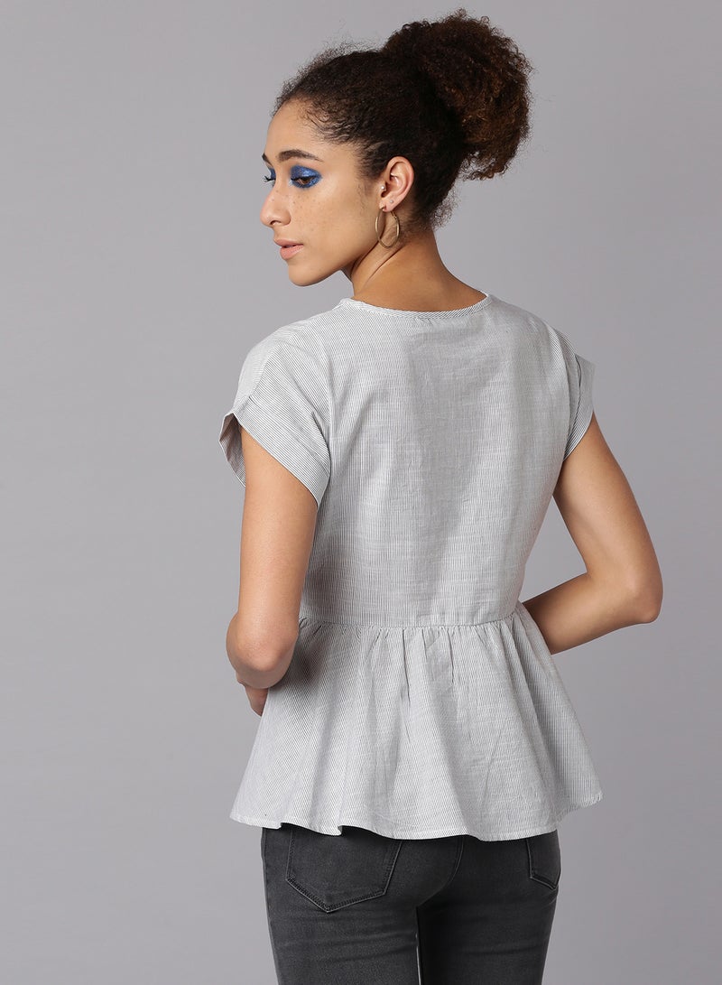 Aila Casual Tie Waist Top Grey  - Image 2