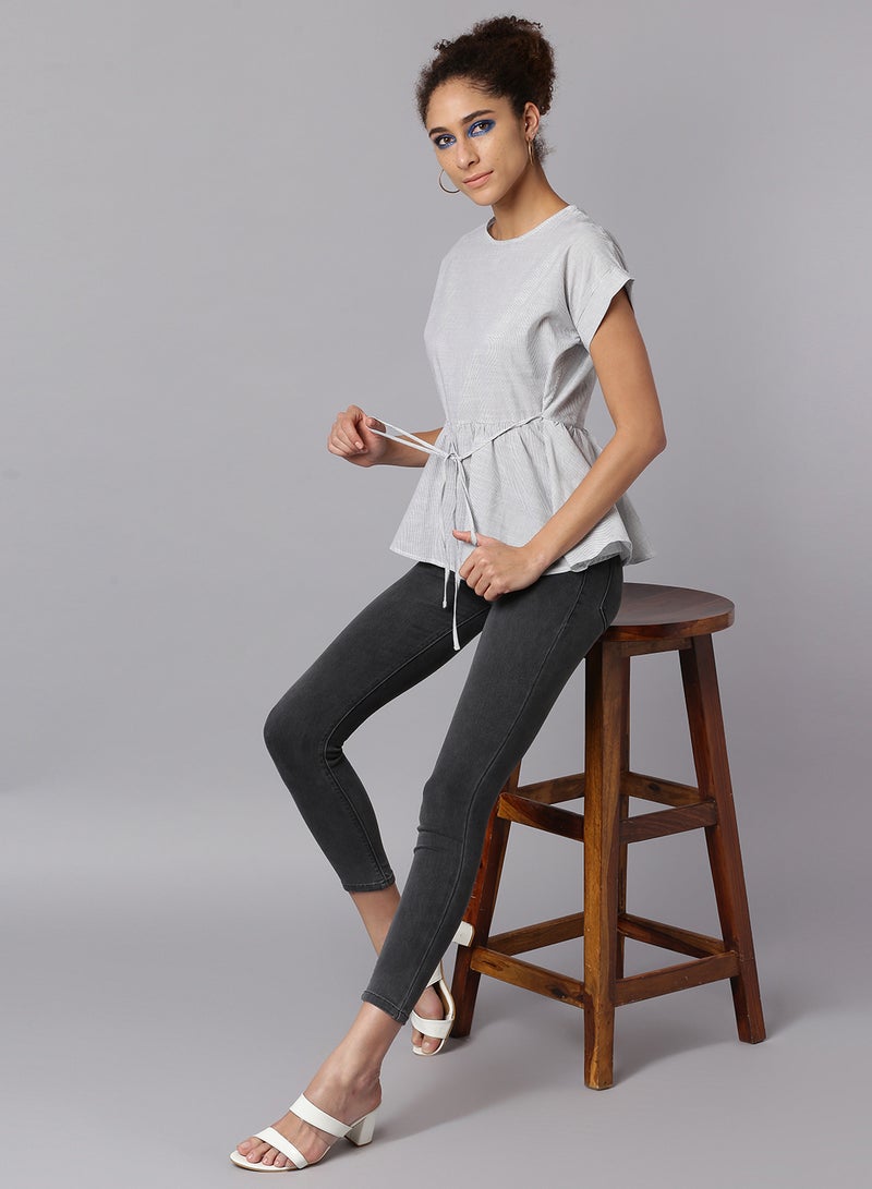 Aila Casual Tie Waist Top Grey  - Image 3