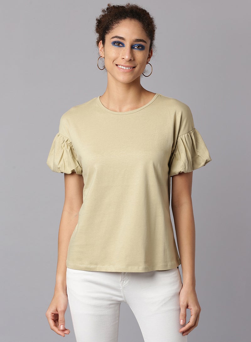 DRIP Short Sleeve Knit Top Beige - Image 1