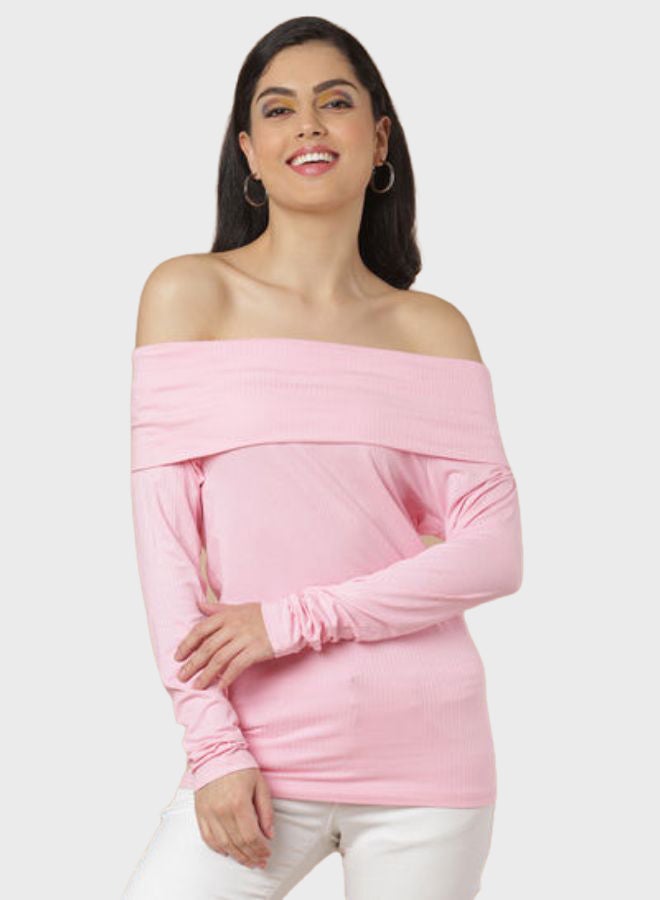 Off Shoulder Long Sleeve Rib Top Pink - v1658926996/N50206942V_1