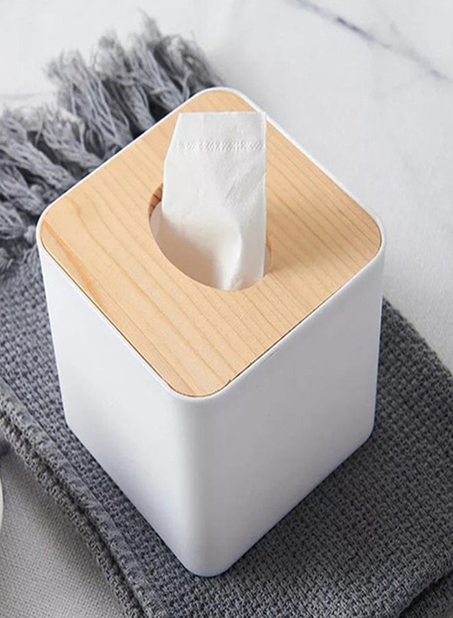 fashionhome - Plastic Square Shape Facial Tissue Box With Bamboo Cover White 11x11x8.3cm - Image 1