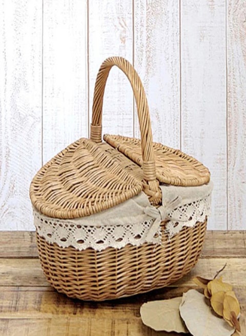 Hand Woven Fruits Rattan Basket with Holder Brown/White 38x28x38cm