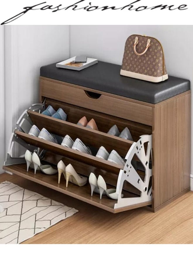 fashionhome Wooden Shoe Cabinet With Seats Changing Stool Black 60x33x51cm - Image 2