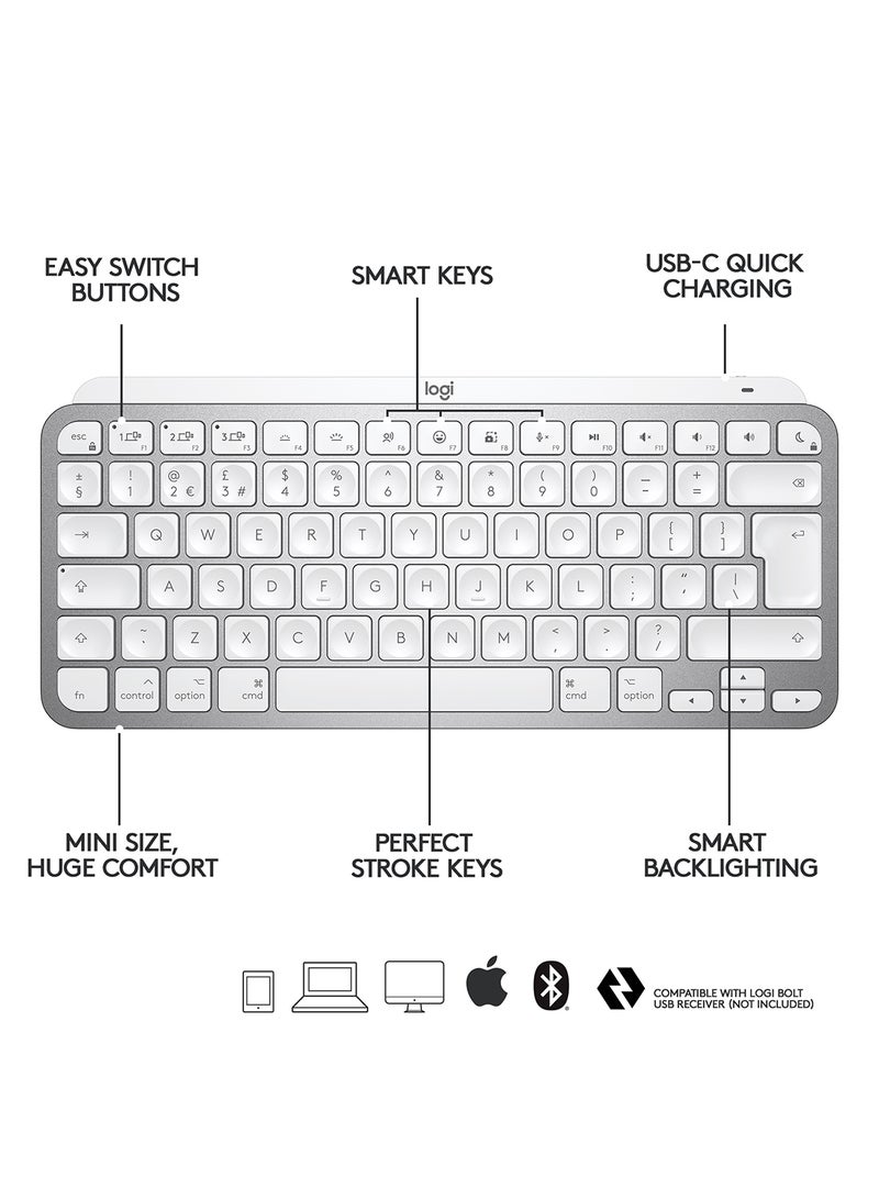 Logitech MX Keys Mini FOr Mac Minimalist Wireless Illuminated Keyboard, Compact, Bluetooth, Backlit Keys, USB-C, Tactile Typing, Compatible With Apple macOS, iPAd OS, Metal Build, US Layout Grey  - Image 3