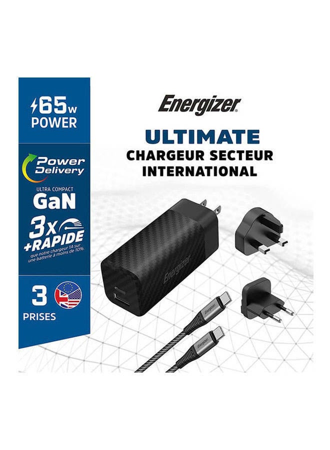إنرجايزر شاحن Pd65W الجداري السريع بتقنية نتريد الجاليوم مزود بمنفذ Usb-C ومنفذ Usb-A مع كابل من منفذ Usb-C إلى منفذ Usb-C أسود  - Image 2