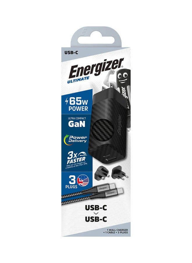 إنرجايزر شاحن Pd65W الجداري السريع بتقنية نتريد الجاليوم مزود بمنفذ Usb-C ومنفذ Usb-A مع كابل من منفذ Usb-C إلى منفذ Usb-C أسود  - Image 4