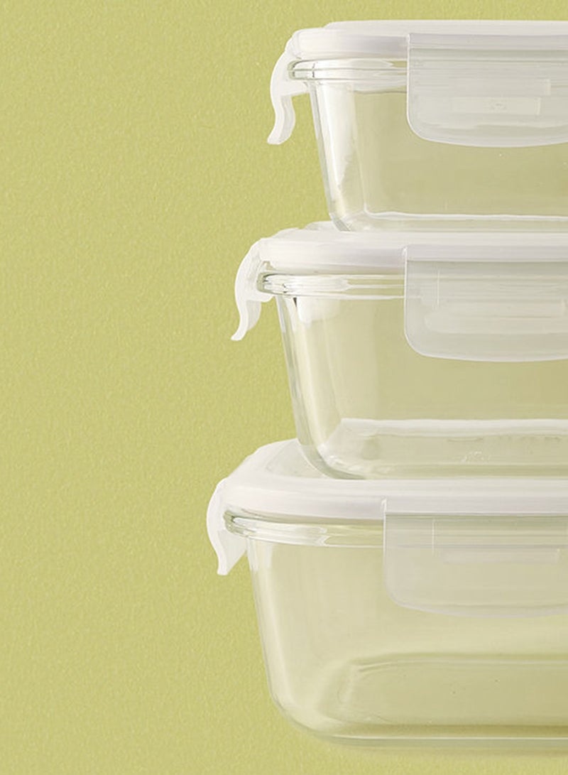 3 Piece Borosilicate Glass Food Container Set - Airtight Lids - Lunch Box - Sqaure - Food Storage Box - Storage Boxes - Kitchen Cabinet Organizers - Glass Food Container - White White 3-Piece (Square)