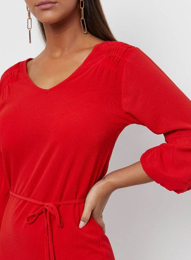 Emoi by Emonite - Solid Design V-Neck Dress Red As Sample - Image 1
