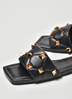 Quilted Pattern Broad Strap Flat Sandals Black/Gold - v1659506534/N48024495V_3