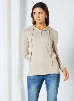 Casual Comfortable Button Detail Drawstring Hoodie Beige