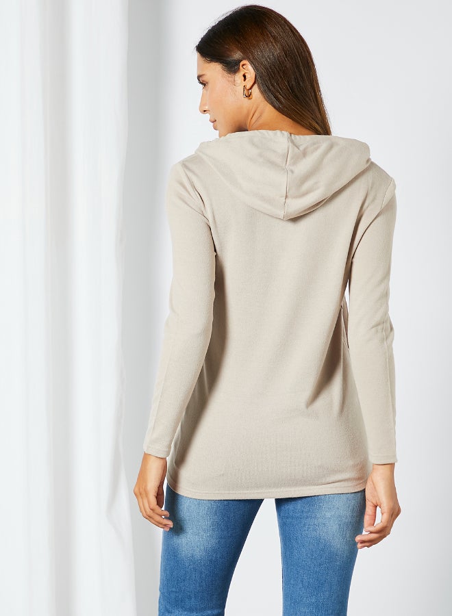 DRIP - Casual Comfortable Button Detail Drawstring Hoodie Beige - Image 1