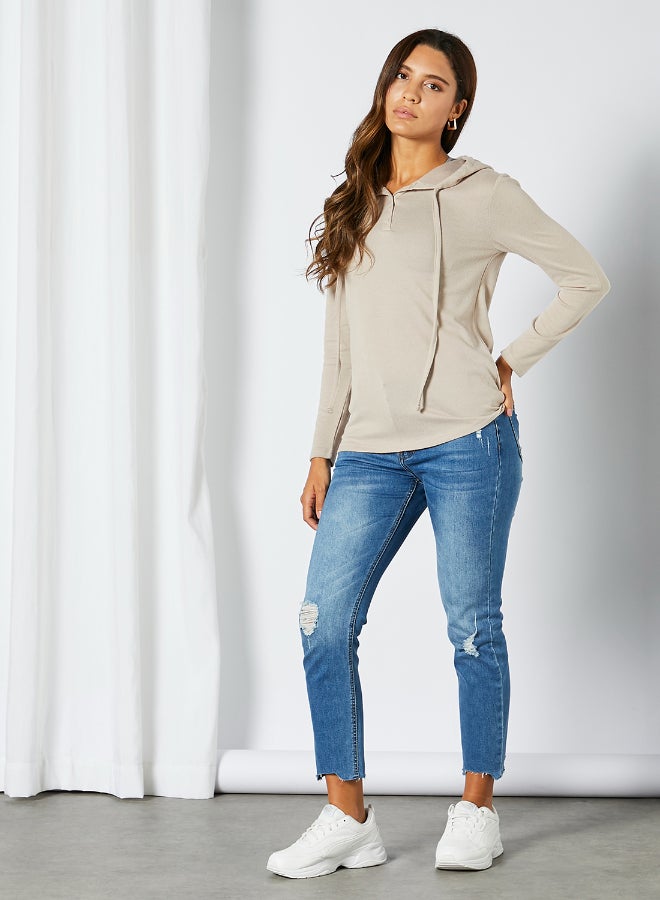 DRIP - Casual Comfortable Button Detail Drawstring Hoodie Beige - Image 1